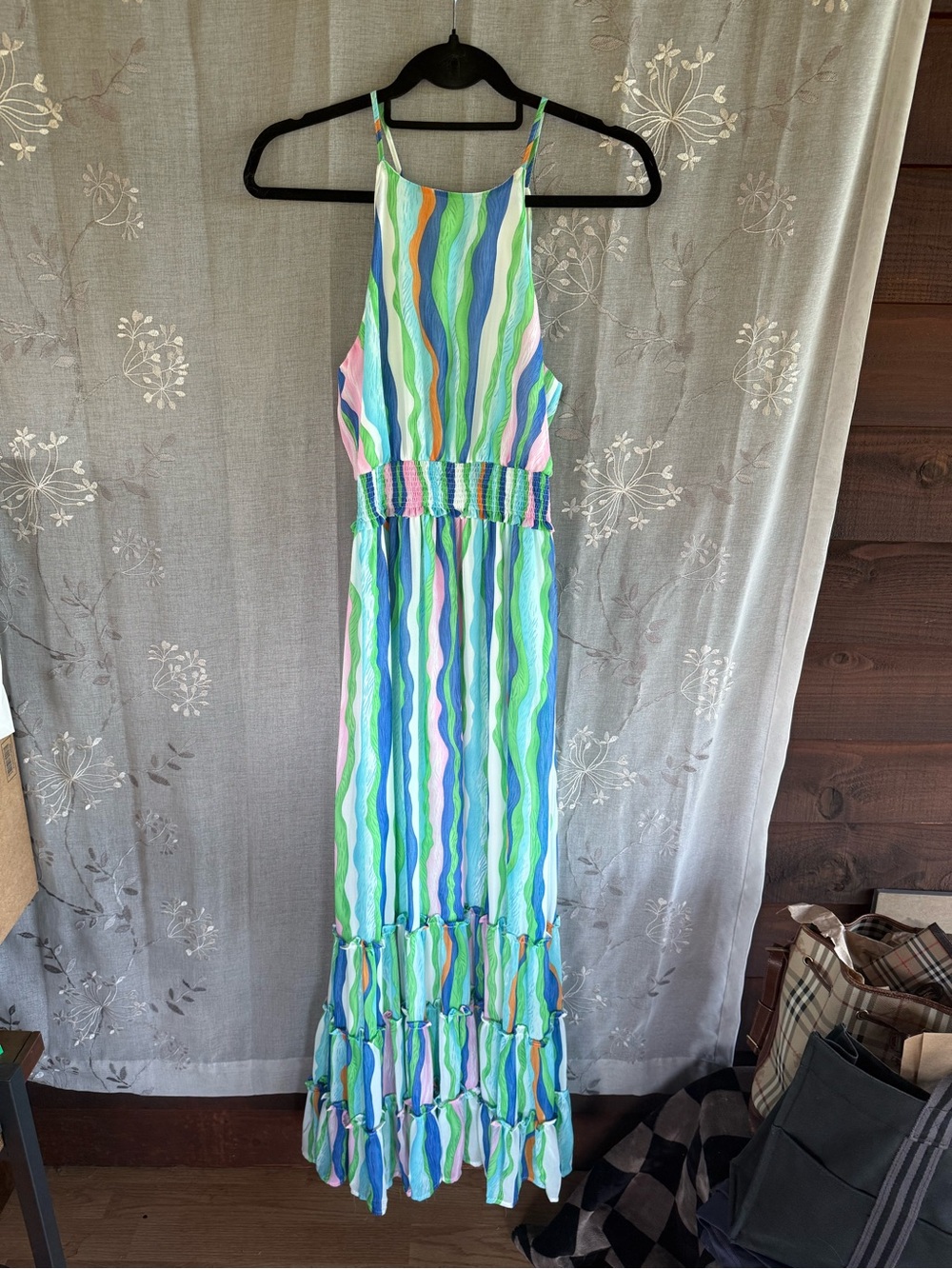 She + Sky Blue Green Multi Wavy-Stripe Tiered Maxi Dress